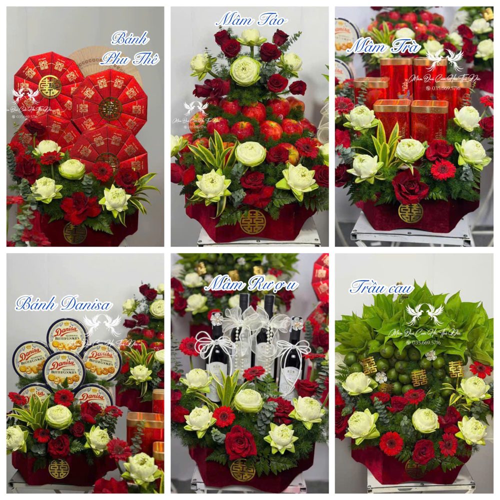 Set 06 mâm hiện đại tone sen trắng mix đỏ (MQHĐ-10)