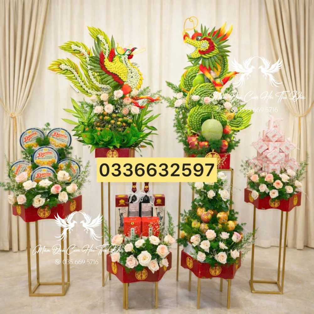 Set 06 mâm rồng phụng tone kem dâu mix trắng (MQRP-01)