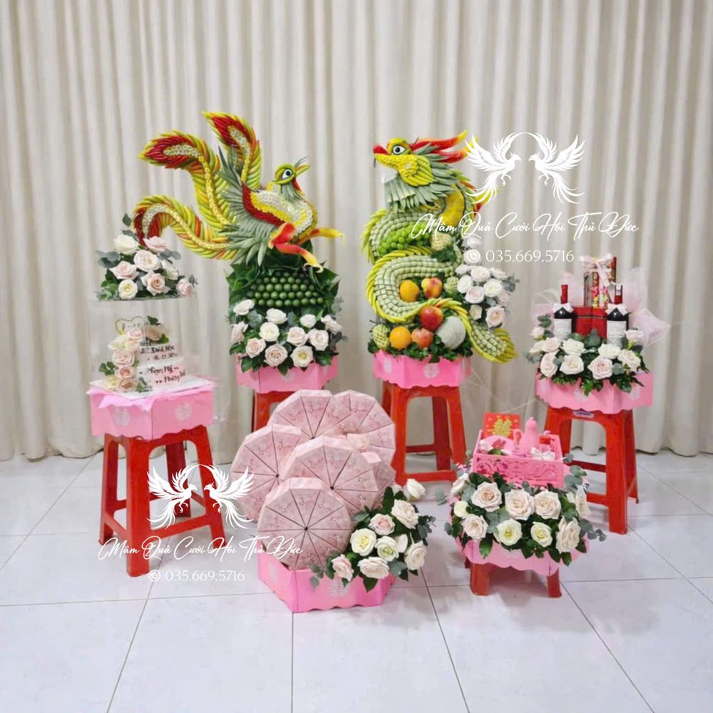 Set 06 mâm rồng phụng tone hoa màu kem dâu (MQRP-08)
