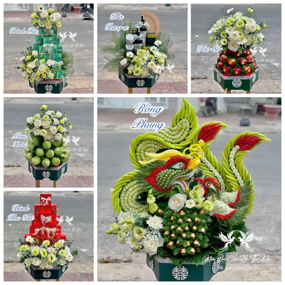 Set 06 mâm rồng phụng tone xanh trắng (MQRP-18)