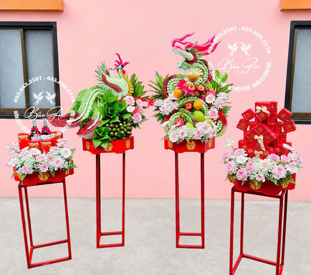 Set 04 mâm rồng phụng tone hồng phấn mix hoa baby (MQRP-19)