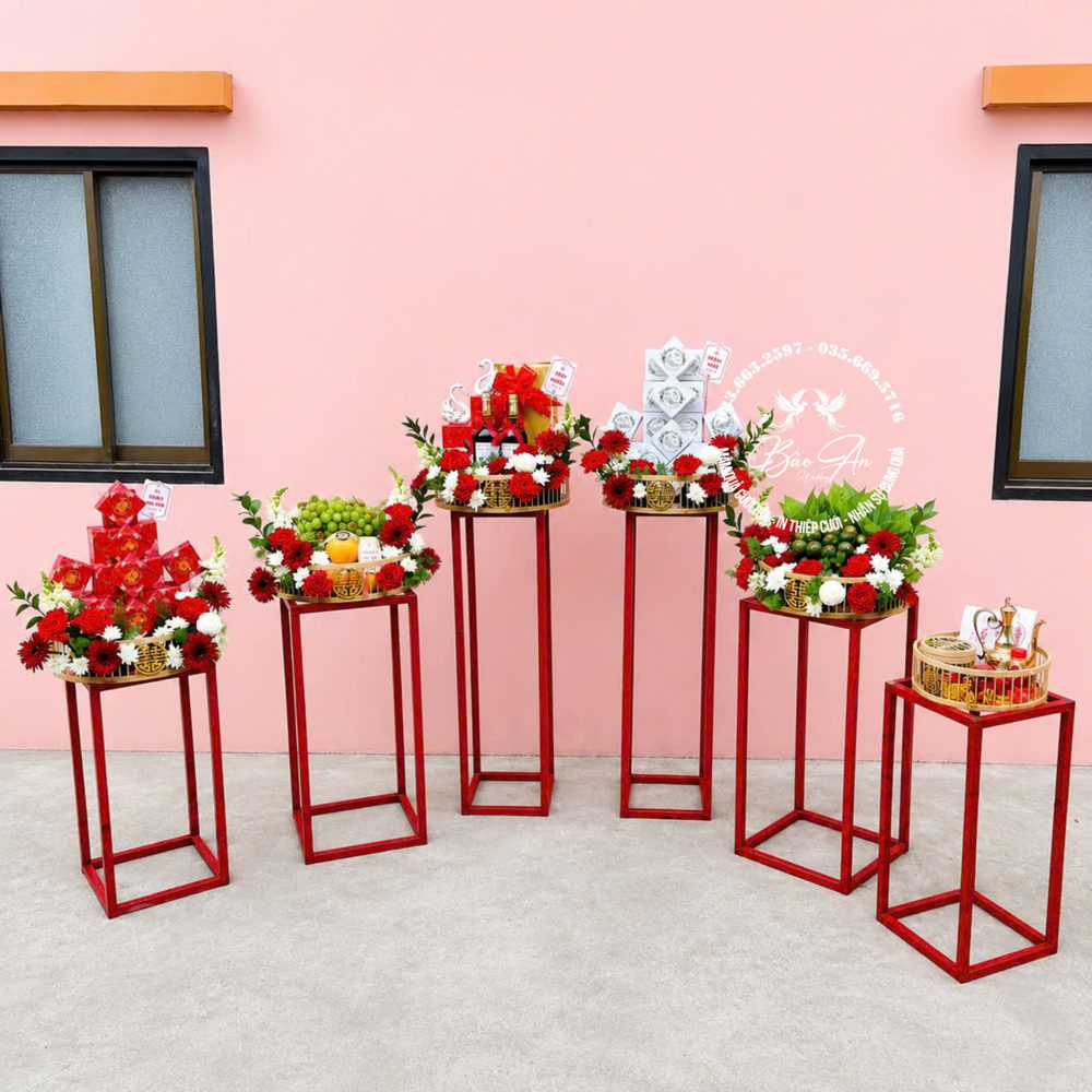 Set 06 mâm truyền thống tone đỏ trắng tráp mành tre (MQTT-23)