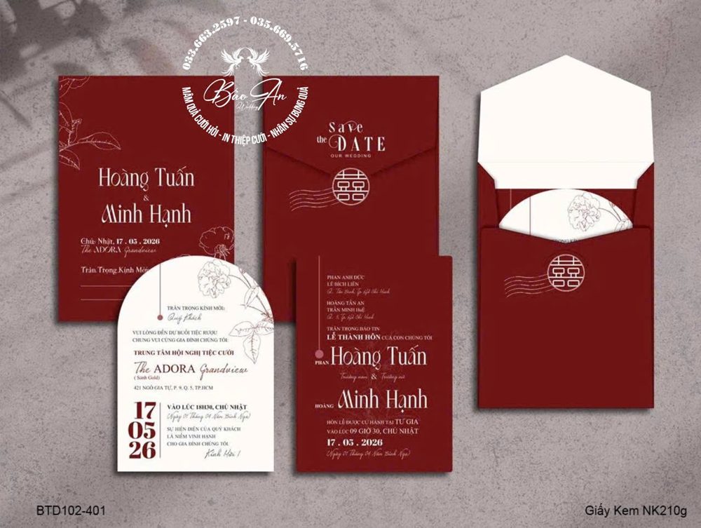 Thiệp vòm trắng tone đỏ đô (BTD102-401)