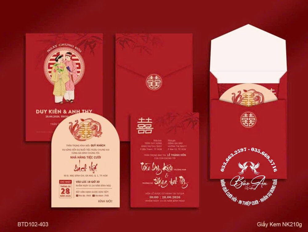 Thiệp chibi áo dài tone đỏ đô (BTD102-403)