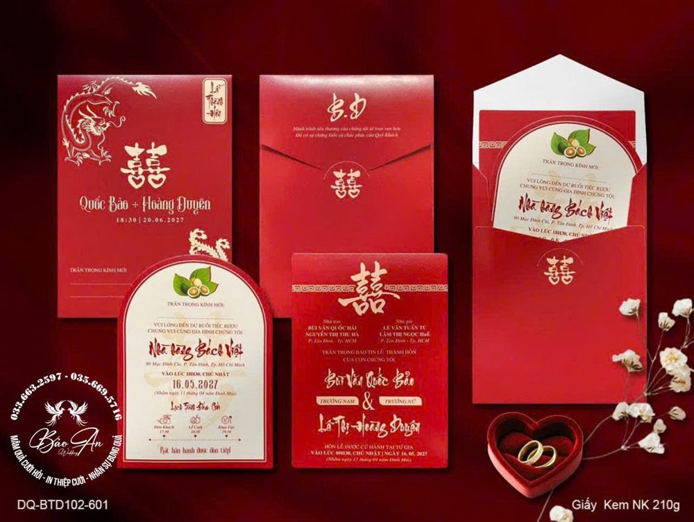 Thiệp chữ hỷ vàng hoa văn tone đỏ (BTD102-601)