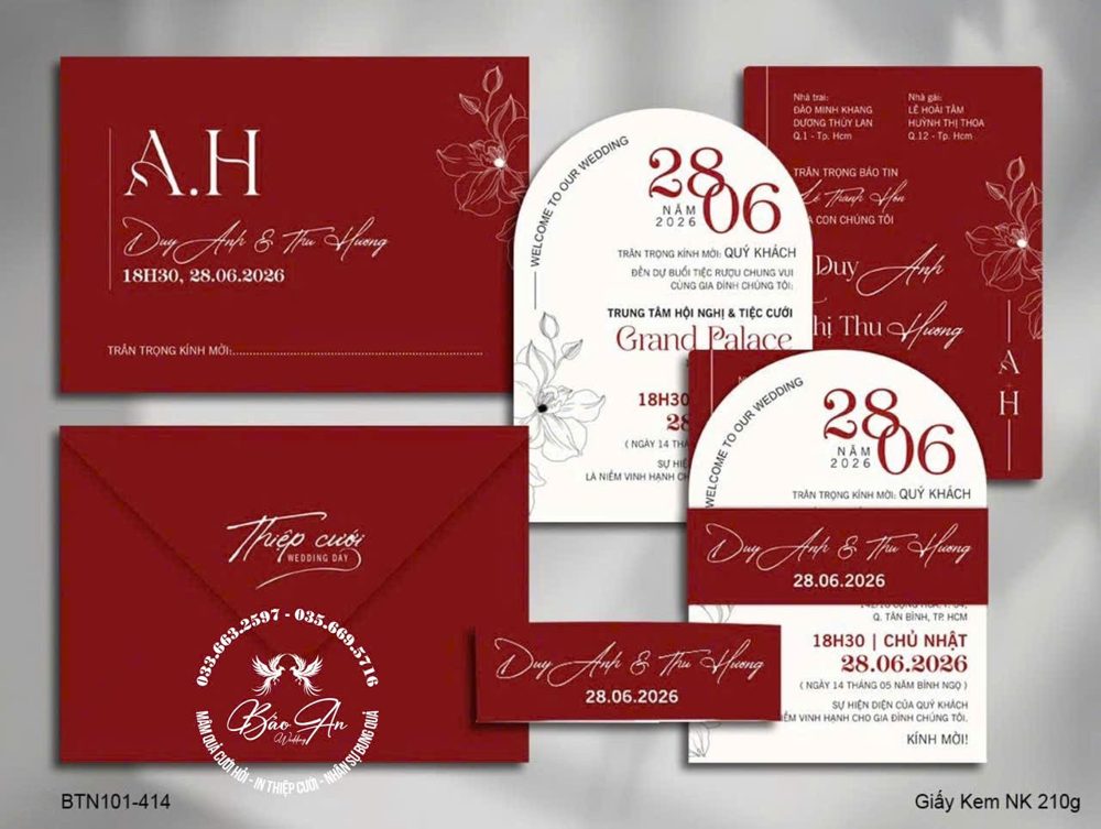 Thiệp hoa vẽ trắng tone đỏ đô (BTN101-414)