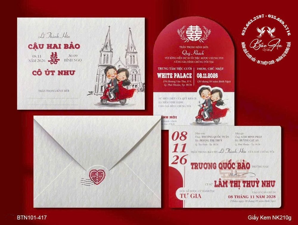 Thiệp chibi xe máy nhà thờ tone đỏ (BTN101-417)