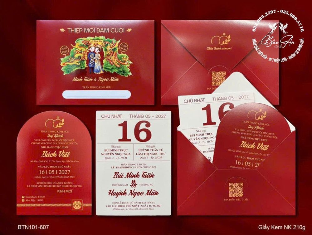 Thiệp nhũ vàng lịch ngày cưới tone đỏ đô (BTN101-607)