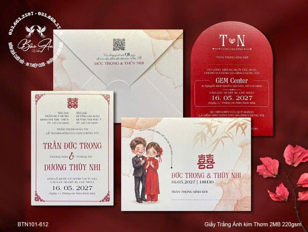 Thiệp chibi áo dài đỏ trắng chữ hỷ (BTN101-612)