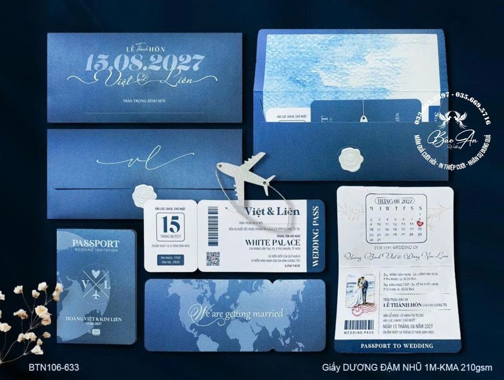 Thiệp hộ chiếu vé máy bay tone xanh navy (BTN106-633)