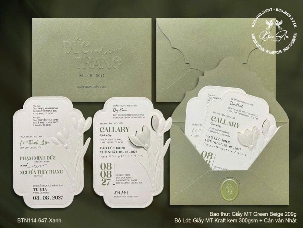 Thiệp hoa tulip dập nổi tone xanh sage (BTN114-647-Xanh)