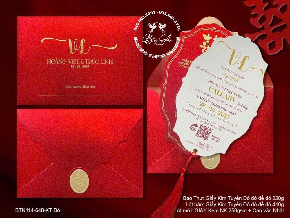 Thiệp nhũ vàng tua rua tone đỏ (BTN114-648-Đỏ KT)