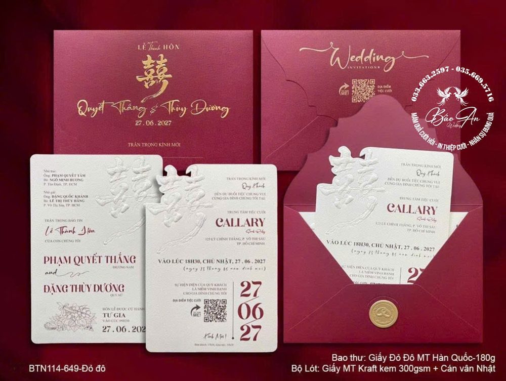 Thiệp chữ hỷ vàng dập nổi tone đỏ đô (BTN114-649-Đỏ đô HQ)