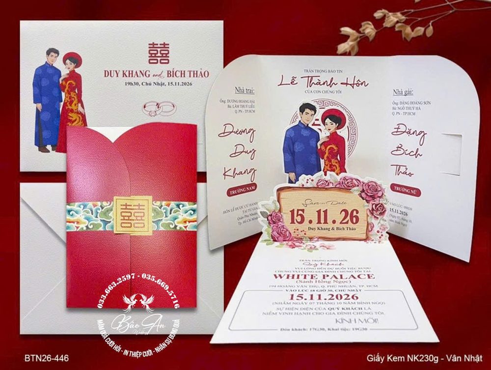 Thiệp chibi áo dài xanh đai hỷ vàng (BTN26-446)