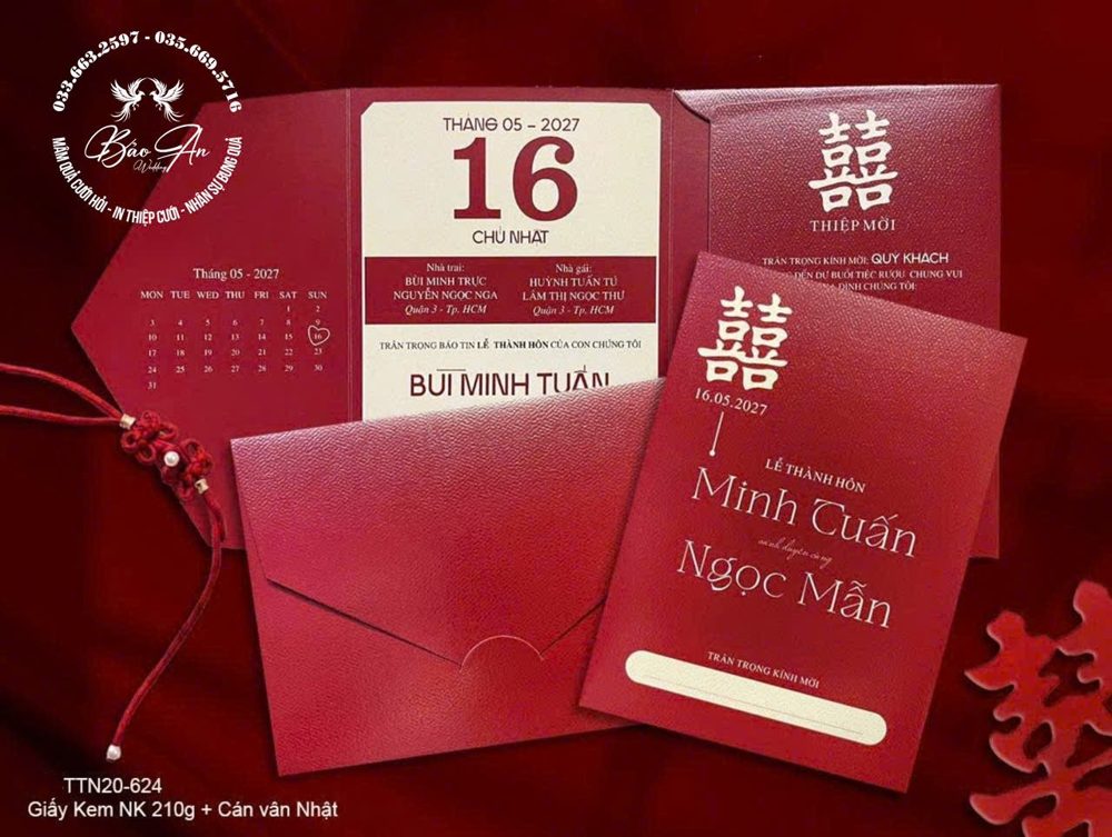 Thiệp chữ hỷ lớn lịch ngày tone đỏ đô (TTN20-624)