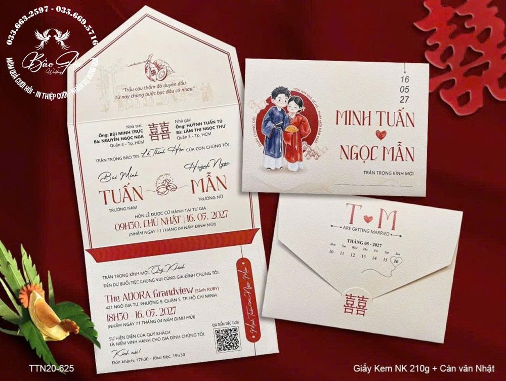 Thiệp chibi áo dài đỏ phụng gấp 3 (TTN20-625)
