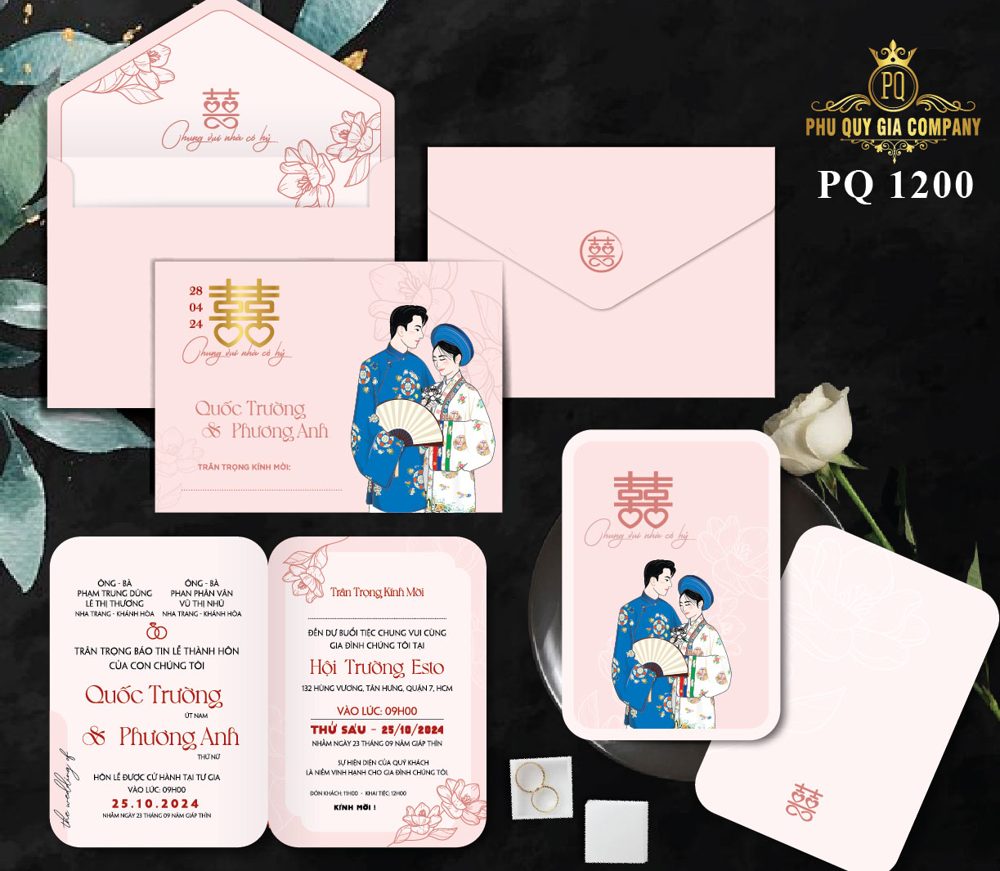 Thiệp chibi dâu rễ áo dài tone hồng (PQ 1200)