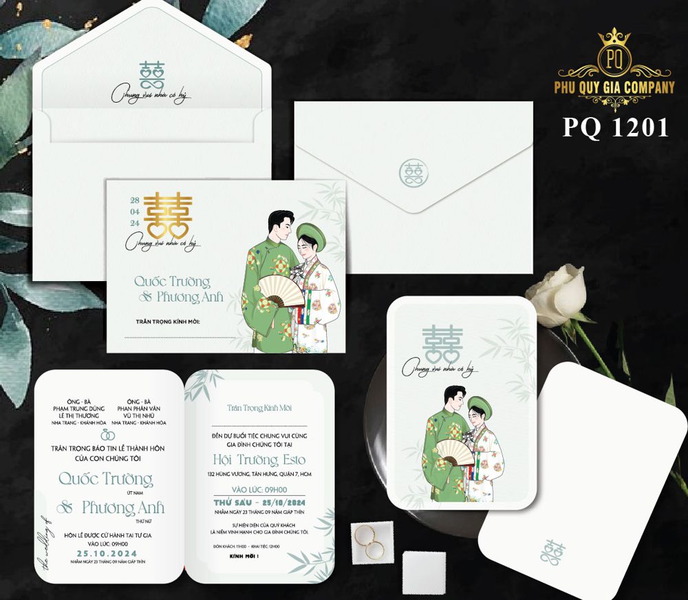 Thiệp chibi dâu rễ áo dài tone trắng xanh (PQ 1201)