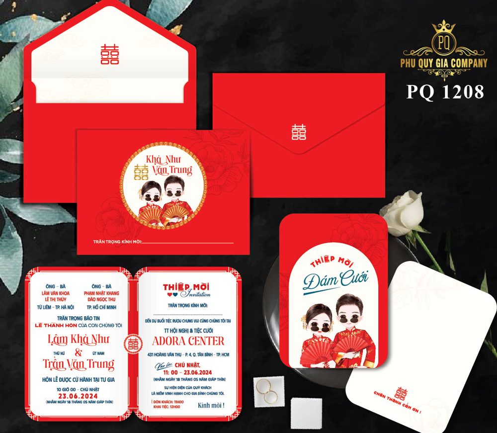 Thiệp chibi áo dài tone đỏ (PQ 1208)