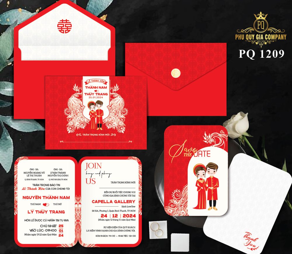 Thiệp chibi dâu rễ rồng phụng tone đỏ (PQ 1209)