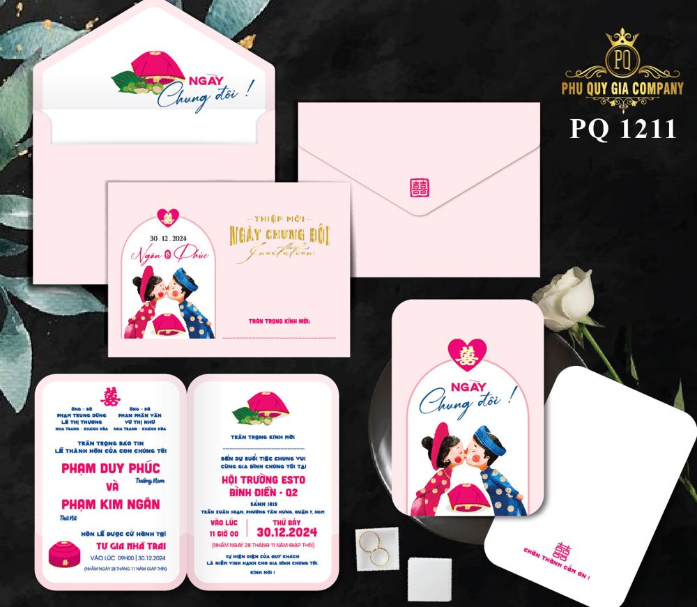 Thiệp chibi ngày chung đôi tone hồng (PQ 1211)