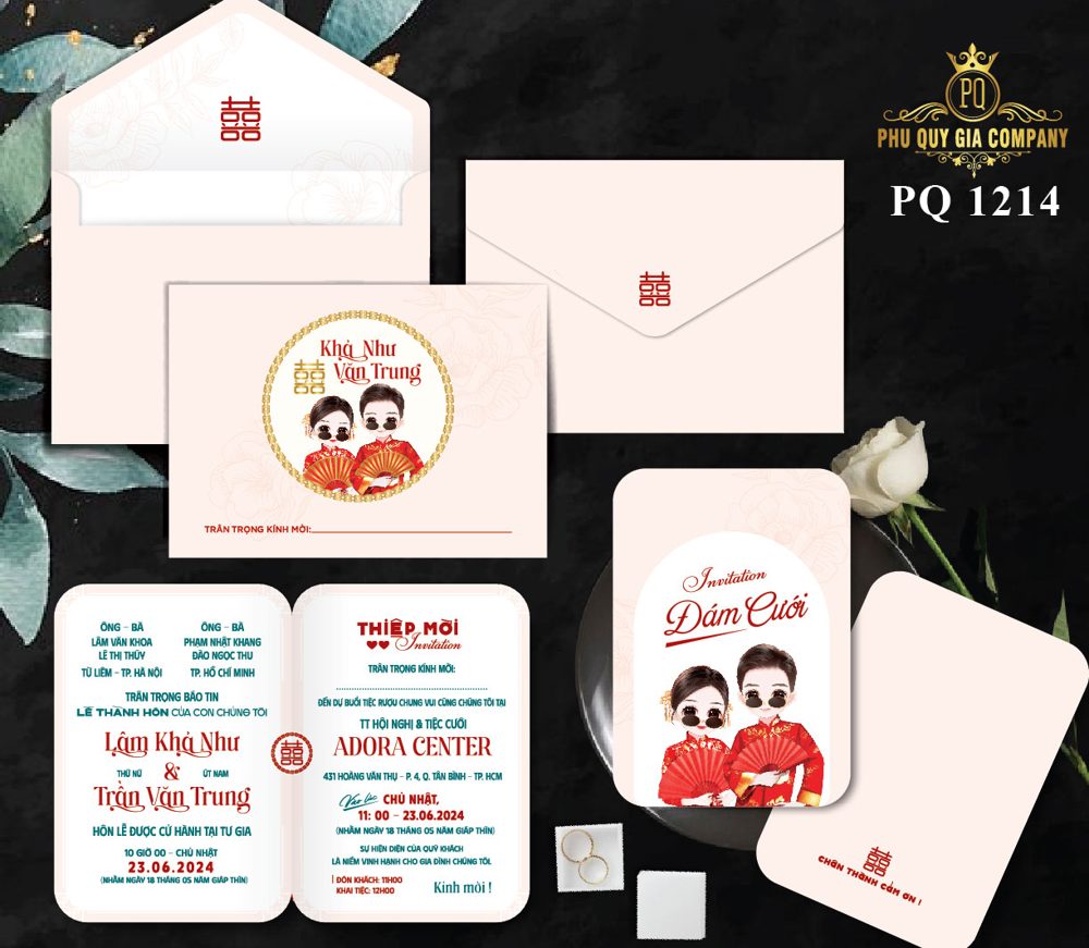 Thiệp chibi đám cưới tone kem (PQ 1214)