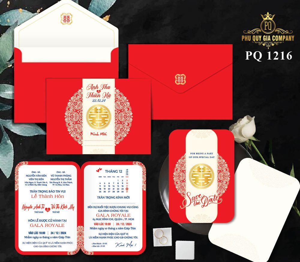 Thiệp song hỷ hoa văn tone đỏ (PQ 1216)
