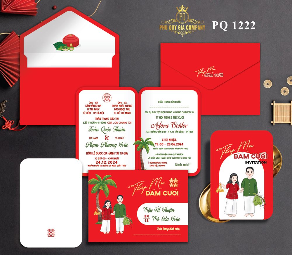 Thiệp chibi dâu rễ dừa tone đỏ (PQ 1222)