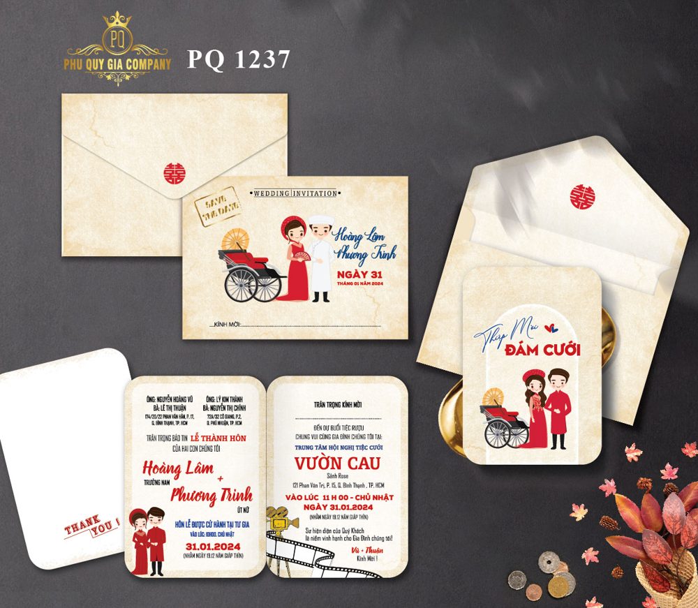 Thiệp chibi dâu rễ xích lô tone kem (PQ 1237)