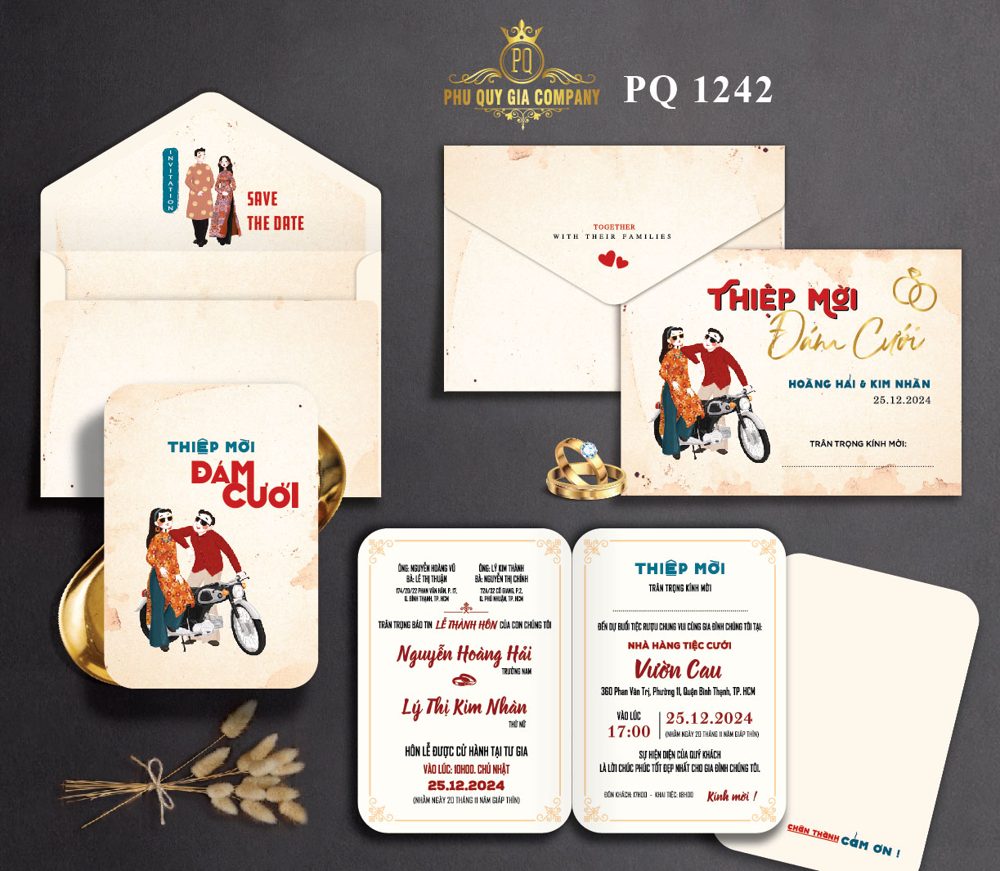 Thiệp chibi dâu rễ xe máy tone kem (PQ 1242)