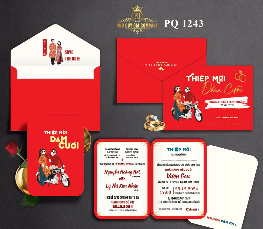 Thiệp chibi dâu rễ xe máy tone đỏ (PQ 1243)