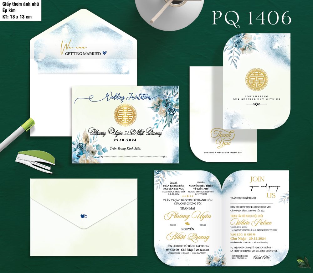 Thiệp song hỷ vàng tone xanh lá (PQ 1406)