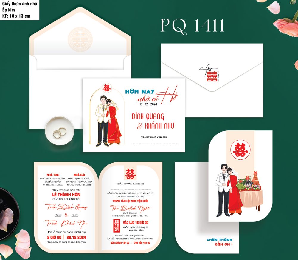 Thiệp chibi dâu rễ áo dài đỏ tone trắng (PQ 1411)