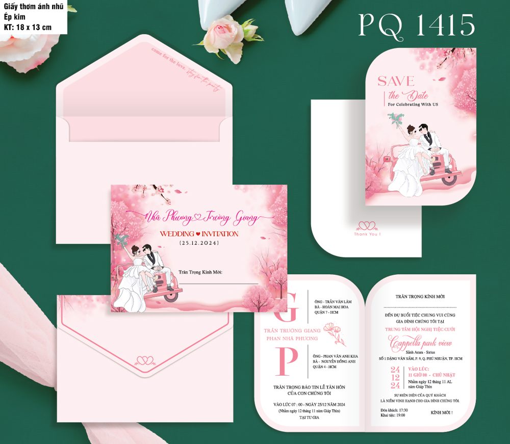 Thiệp xe máy hoa đào tone hồng (PQ 1415)