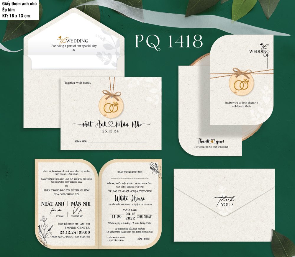 Thiệp nhẫn đôi vàng tone kem (PQ 1418)