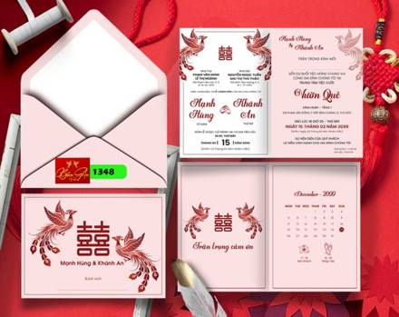 Thiệp chữ Hỷ phụng tone đỏ hồng (1348)