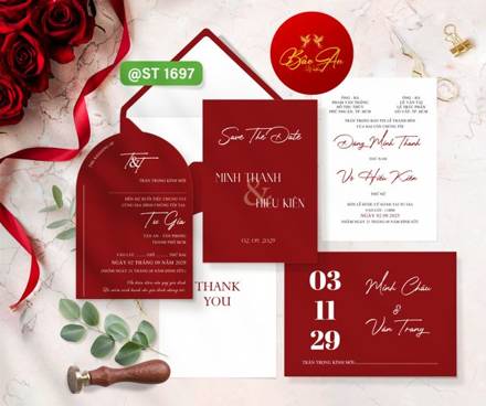 Thiệp đơn giản đỏ đô trắng Save The Date (1697)