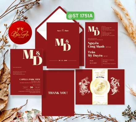 Thiệp rồng phụng đỏ đô chữ M&D (1751)