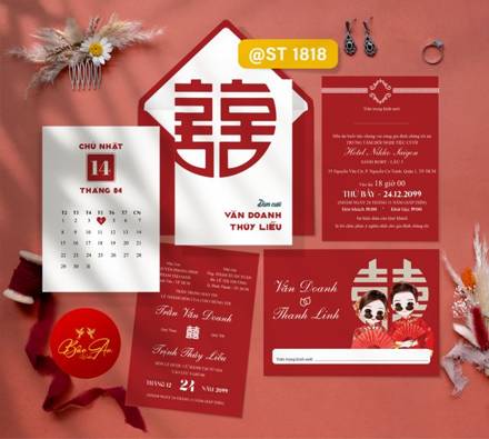 Thiệp chữ Hỷ đỏ cam cặp đôi chibi (1818)