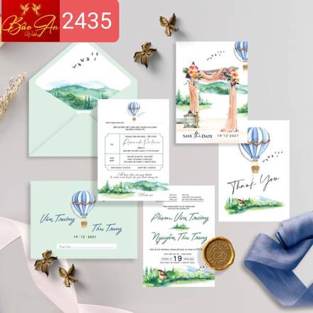 Thiệp hoa lá xanh mint khinh khí cầu (2435)