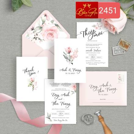 Thiệp hoa lá hồng phấn hoa hồng (2451)