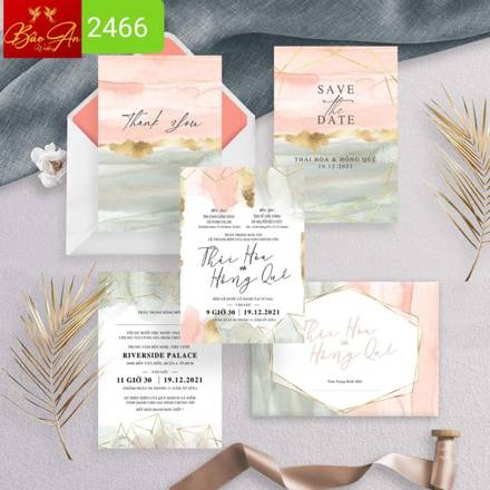 Thiệp hoa lá cam hồng màu nước khung kim cương (2466)