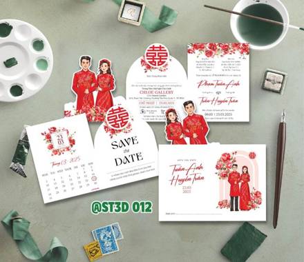 Thiệp 3D áo dài đỏ chữ Hỷ hoa đỏ (ST3D 012)