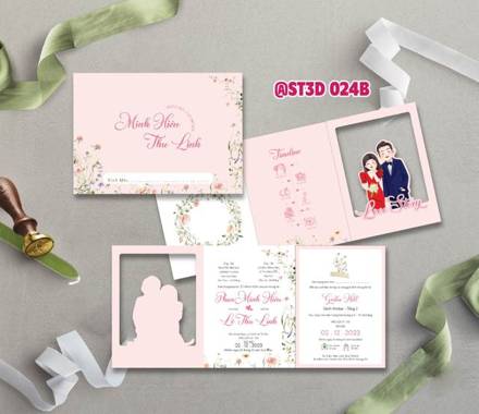 Thiệp 3D hồng pastel khung cắt cặp đôi (ST3D 012B)