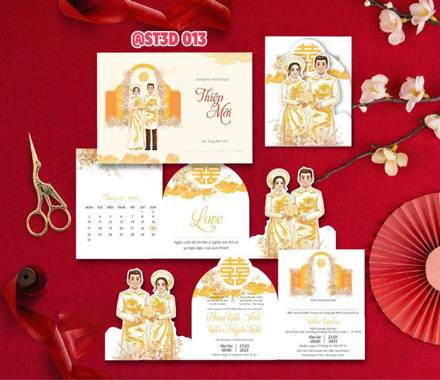 Thiệp 3D áo dài vàng nền đỏ (ST3D 013)