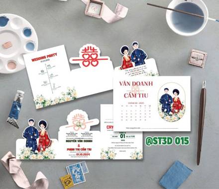 Thiệp 3D áo dài chữ Hỷ tone xanh đỏ (ST3D 015)