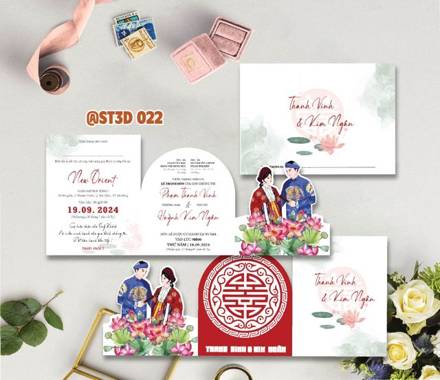 Thiệp 3D áo dài chữ Hỷ hoa sen (ST3D 022)
