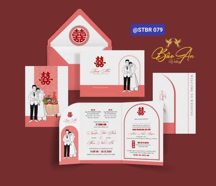 Thiệp bì hồng đỏ chữ Hỷ chibi (STBR 079)