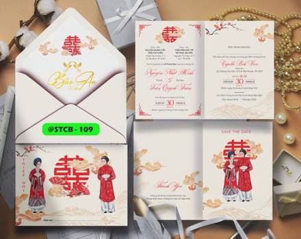Thiệp Chibi áo dài chữ Hỷ phong bì kem (STCB 109)