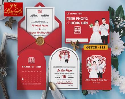 Thiệp Chibi cô dâu chú rể tone đỏ trắng (STCB 112)
